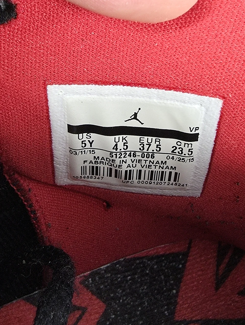 Jordan Son of Mars Bred 2015 GS 5Y 6.5W Black Gym Red 512246-006 Glow Outsole